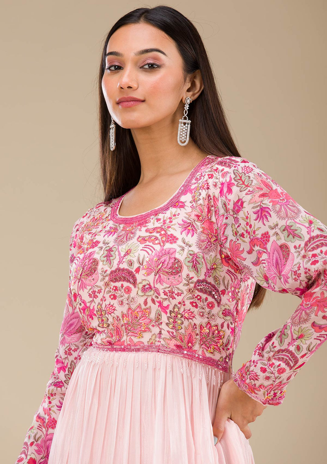 Baby Pink Printed Georgette Readymade Salwar Suit