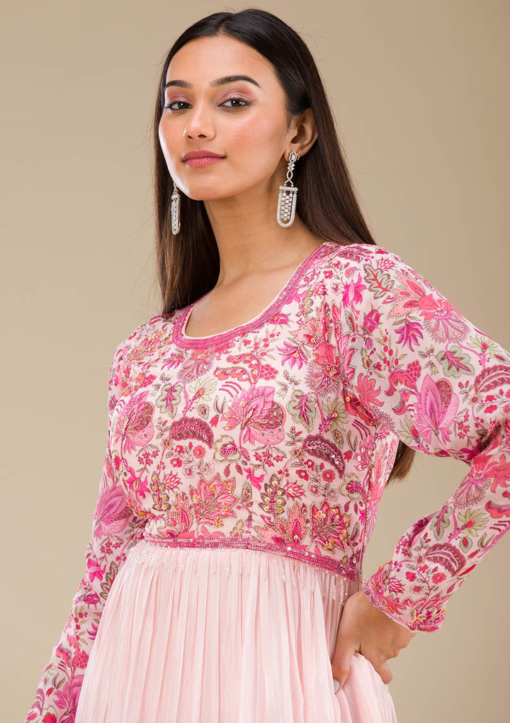 Baby Pink Printed Georgette Readymade Salwar Suit