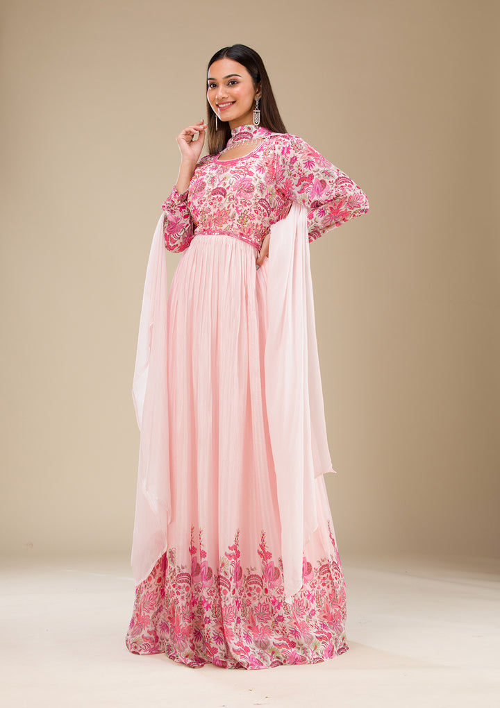 Baby Pink Printed Georgette Readymade Salwar Suit