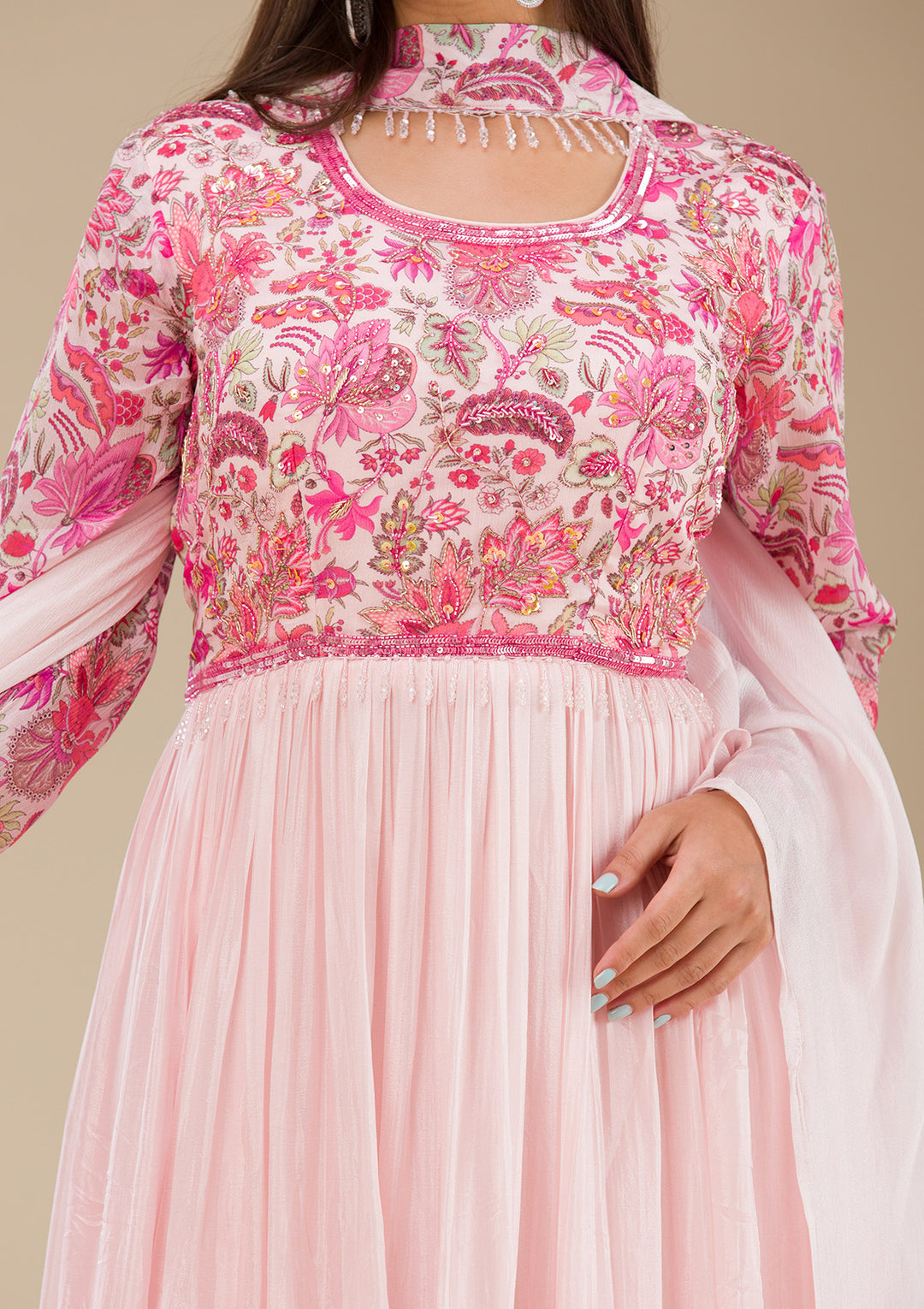 Baby Pink Printed Georgette Readymade Salwar Suit