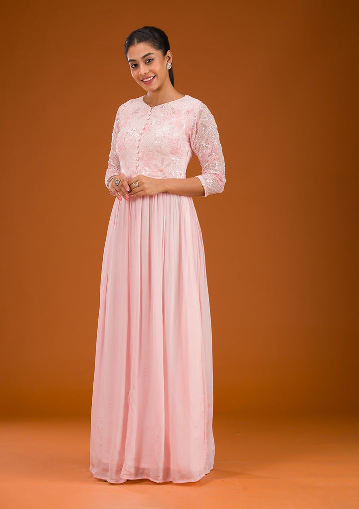 Baby Pink Sequins Georgette Readymade Salwar Suit