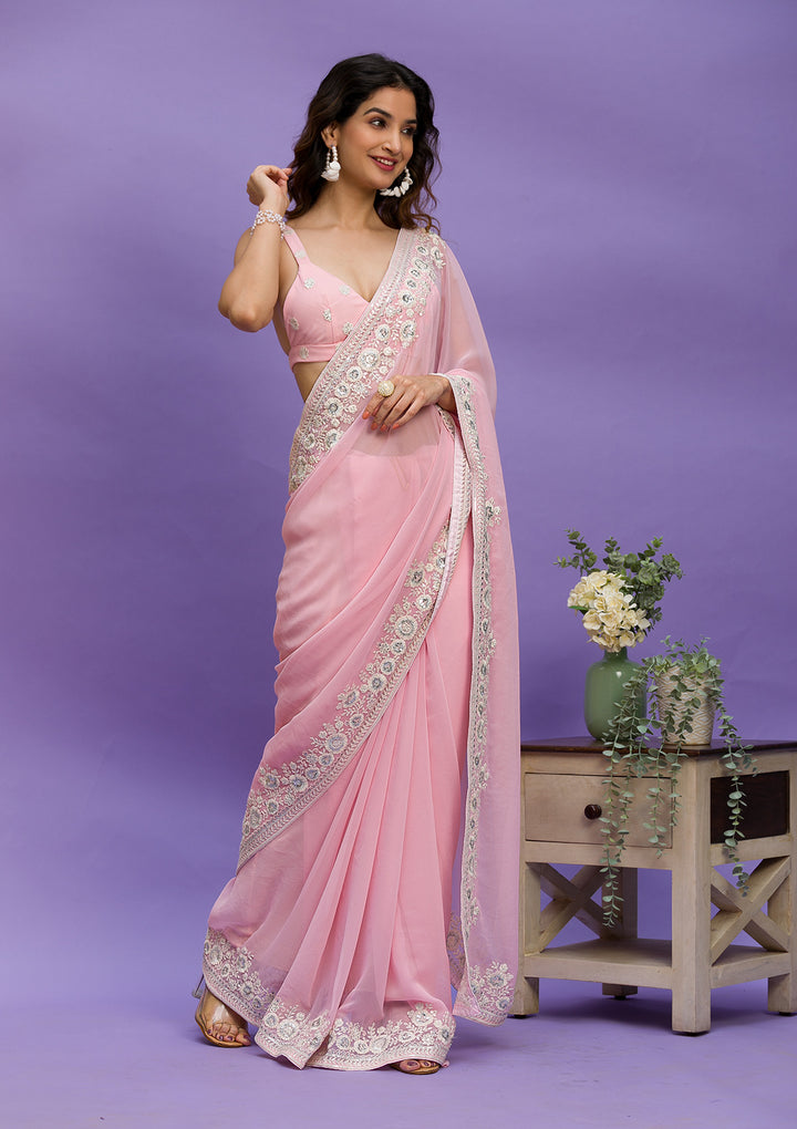 Baby Pink Sequins Georgette Designer Saree