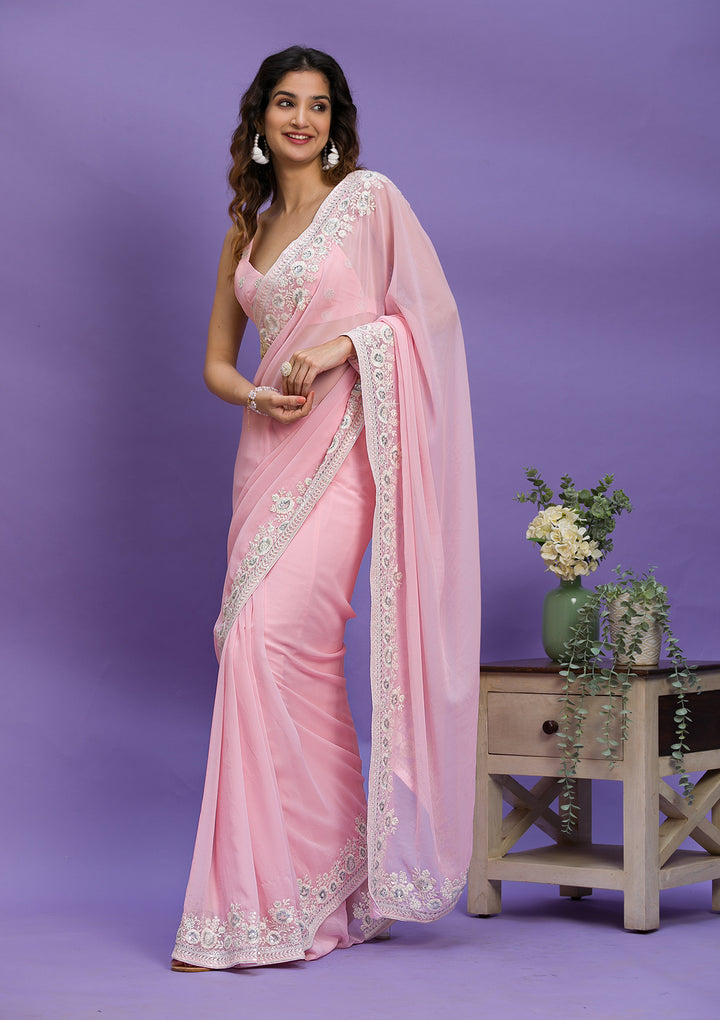 Baby Pink Sequins Georgette Designer Saree