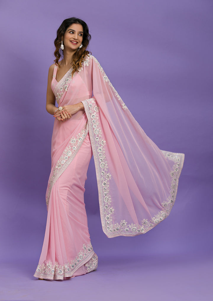 Baby Pink Sequins Georgette Designer Saree