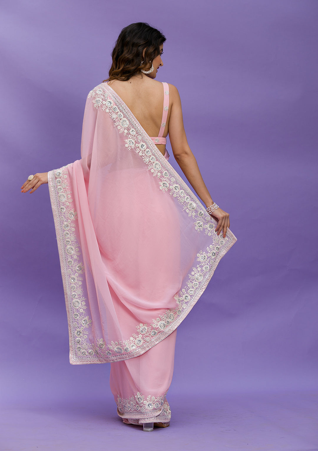 Baby Pink Sequins Georgette Designer Saree