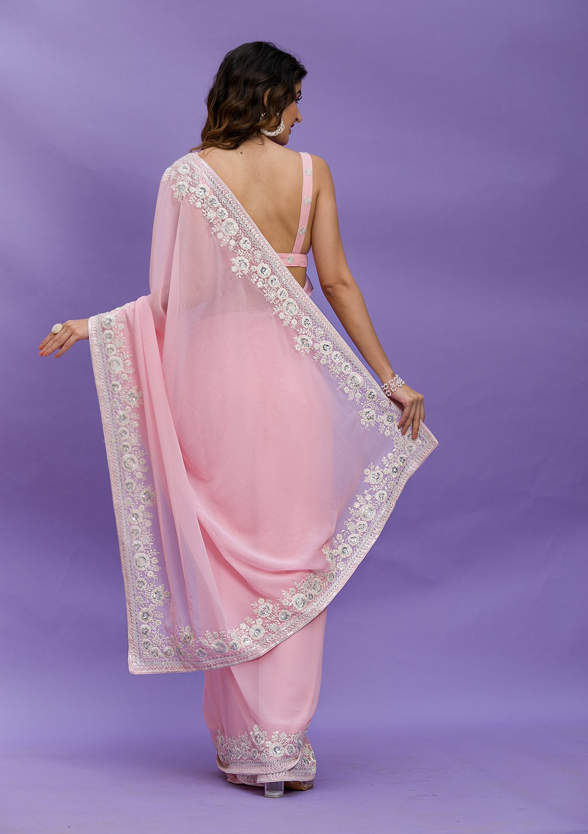 Buy Pink Chiffon Embellished Pearls V Neck Work Saree With Blouse For Women  by Shlok Design Online at Aza Fashions.