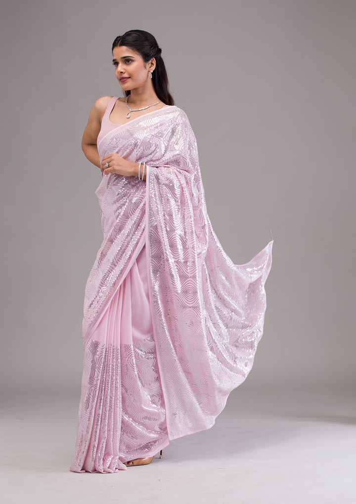 Baby Pink Sequins Georgette Saree