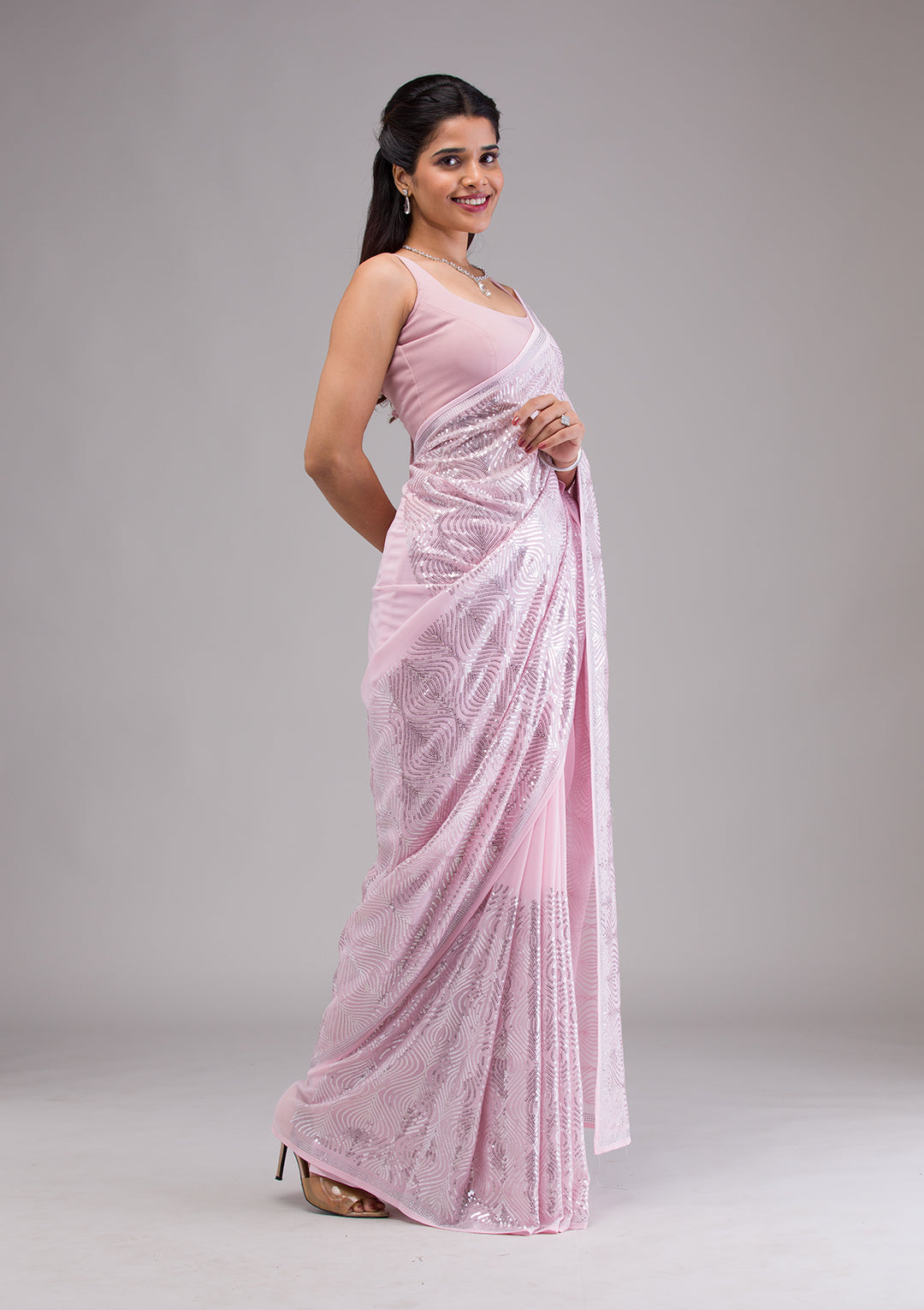Baby Pink Sequins Georgette Saree
