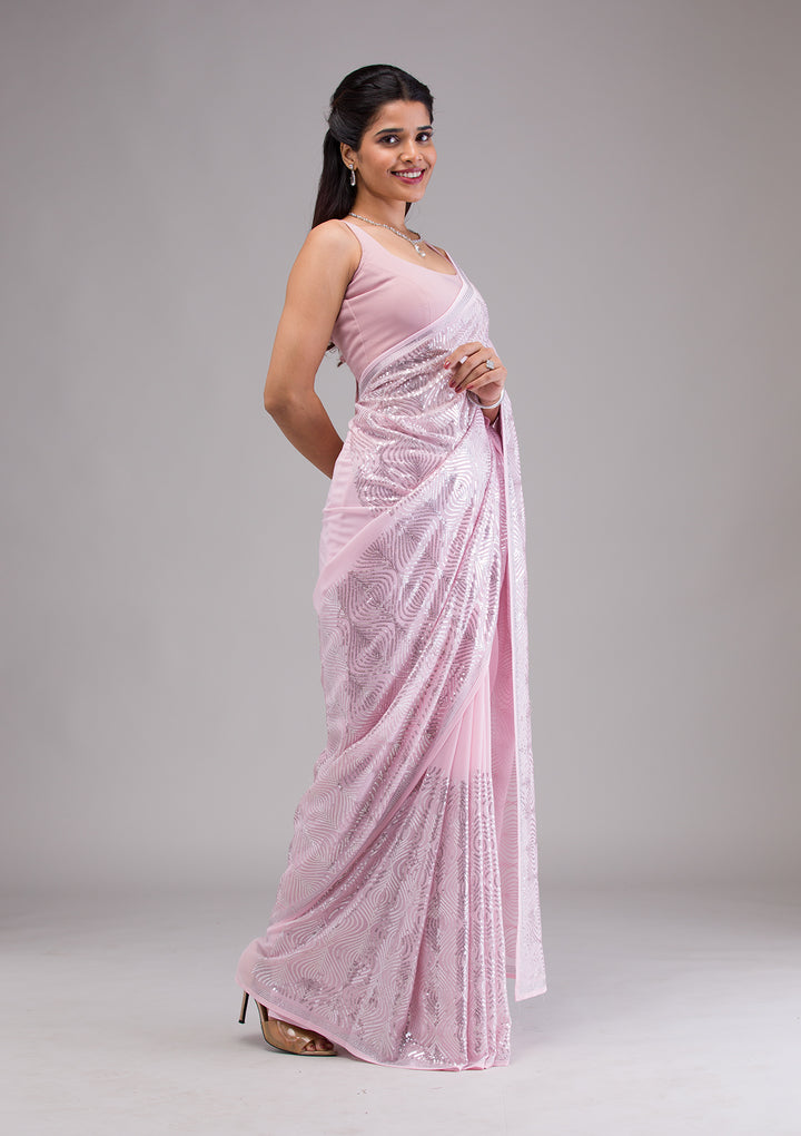 Baby Pink Sequins Georgette Saree