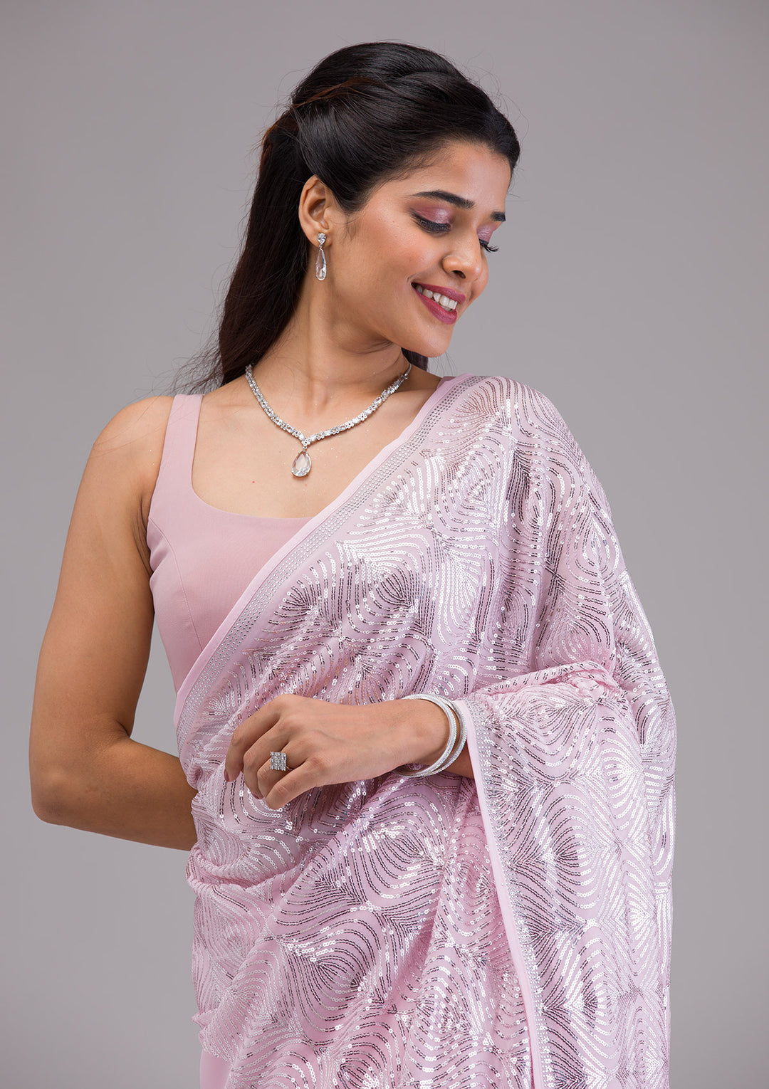 Baby Pink Sequins Georgette Saree
