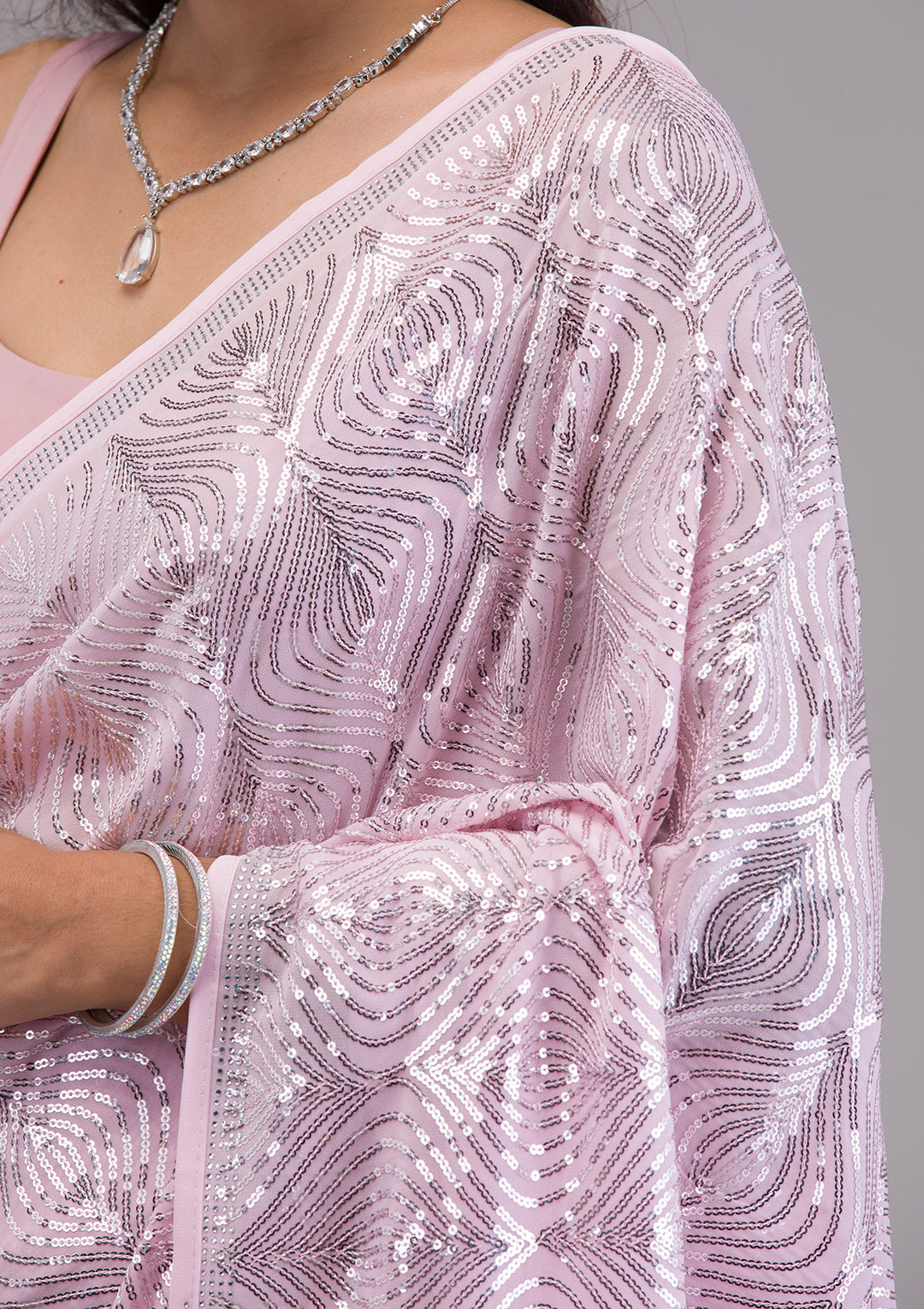 Baby Pink Sequins Georgette Saree