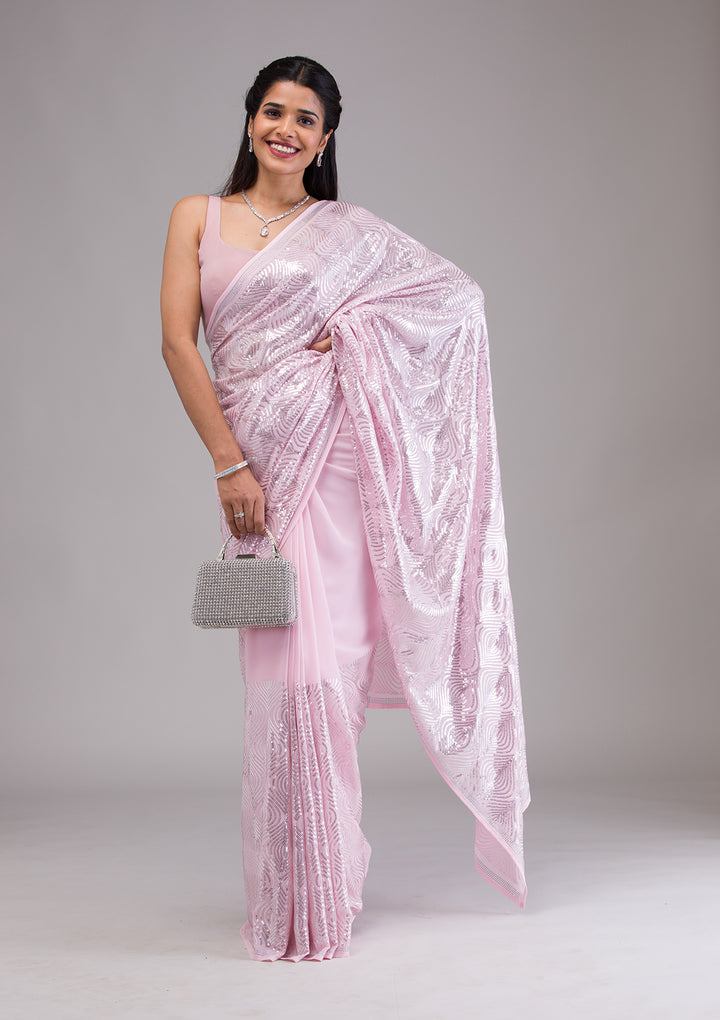 Baby Pink Sequins Georgette Saree