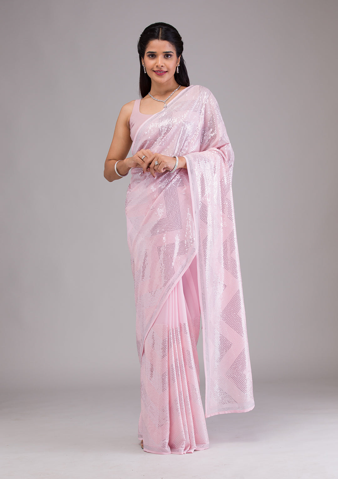 Baby Pink Sequins Georgette Saree