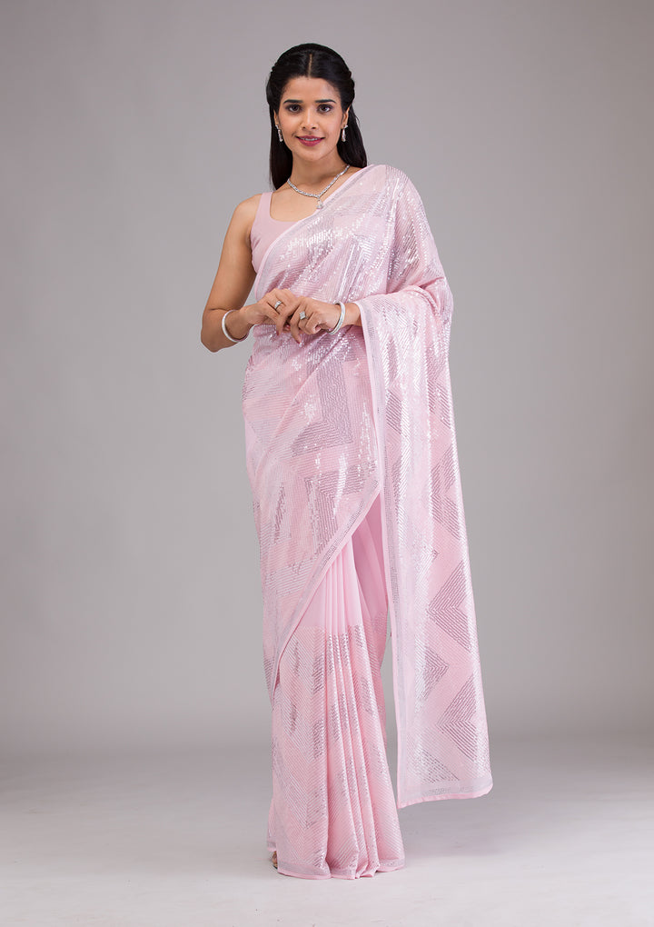 Baby Pink Sequins Georgette Saree