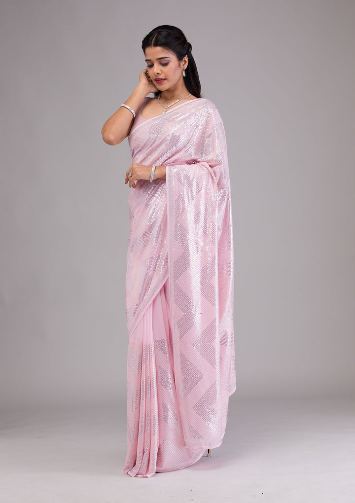 Baby Pink Sequins Georgette Saree