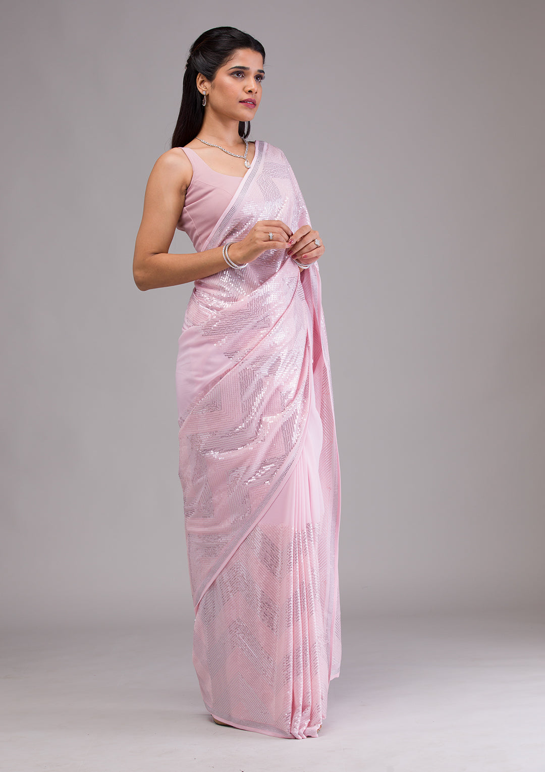 Baby Pink Sequins Georgette Saree