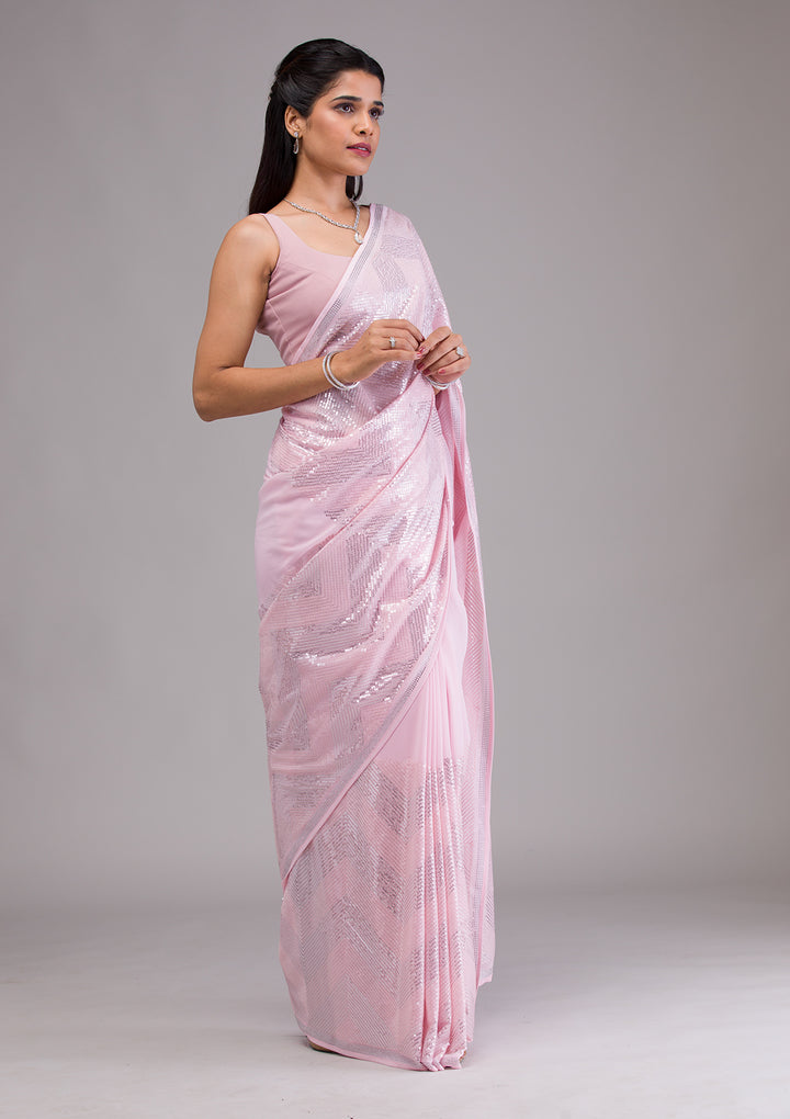 Baby Pink Sequins Georgette Saree