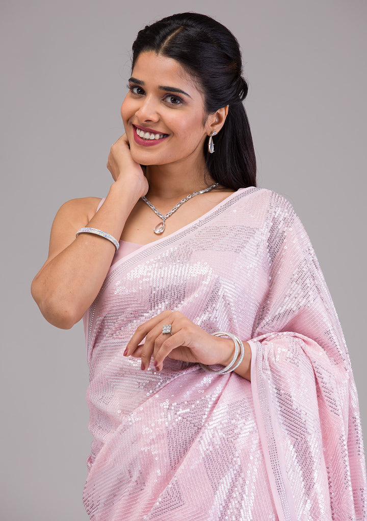 Baby Pink Sequins Georgette Saree