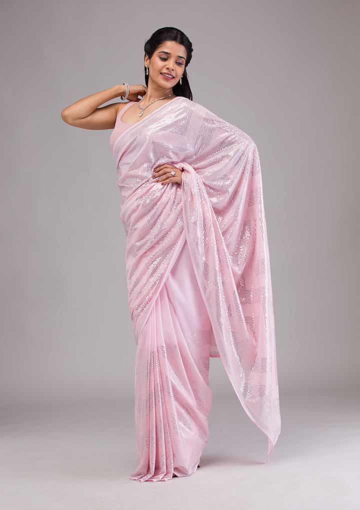 Baby Pink Sequins Georgette Saree