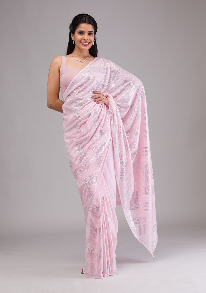 Baby Pink Sequins Georgette Saree