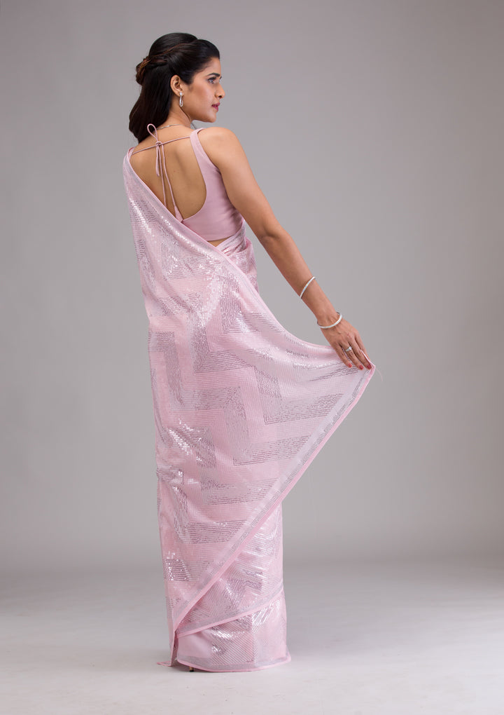 Baby Pink Sequins Georgette Saree