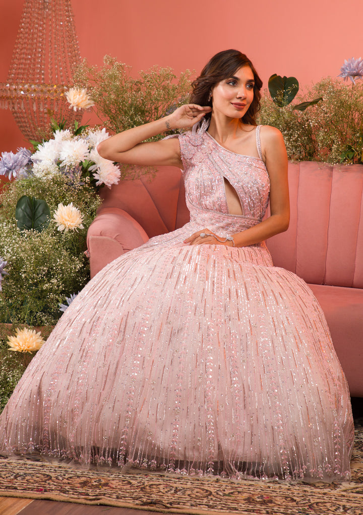 Baby Pink Sequins Net Gown