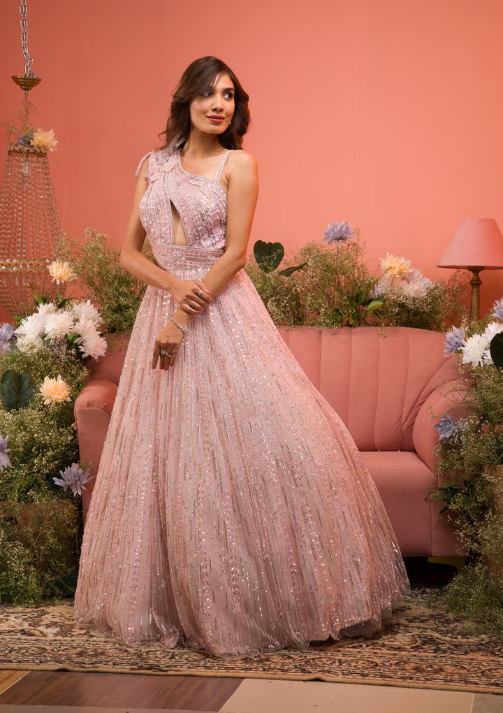 Baby Pink Sequins Net Gown