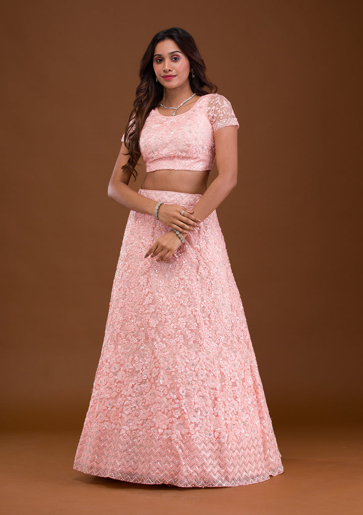 Baby Pink Sequins Net Semi Stitched Lehenga