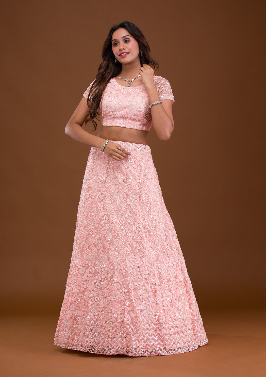 Baby Pink Sequins Net Semi Stitched Lehenga
