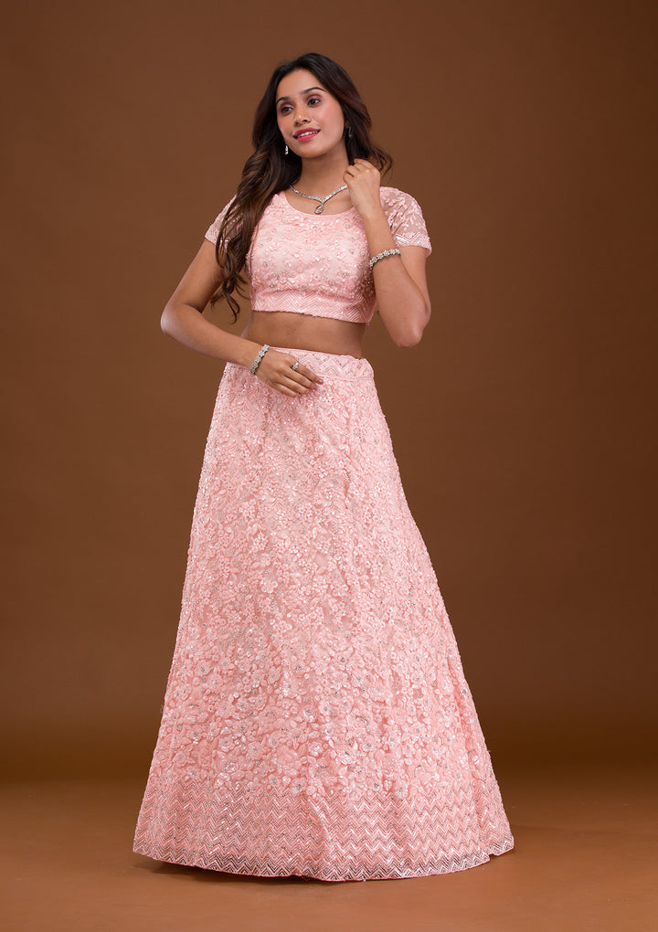 Baby Pink Sequins Net Semi Stitched Lehenga