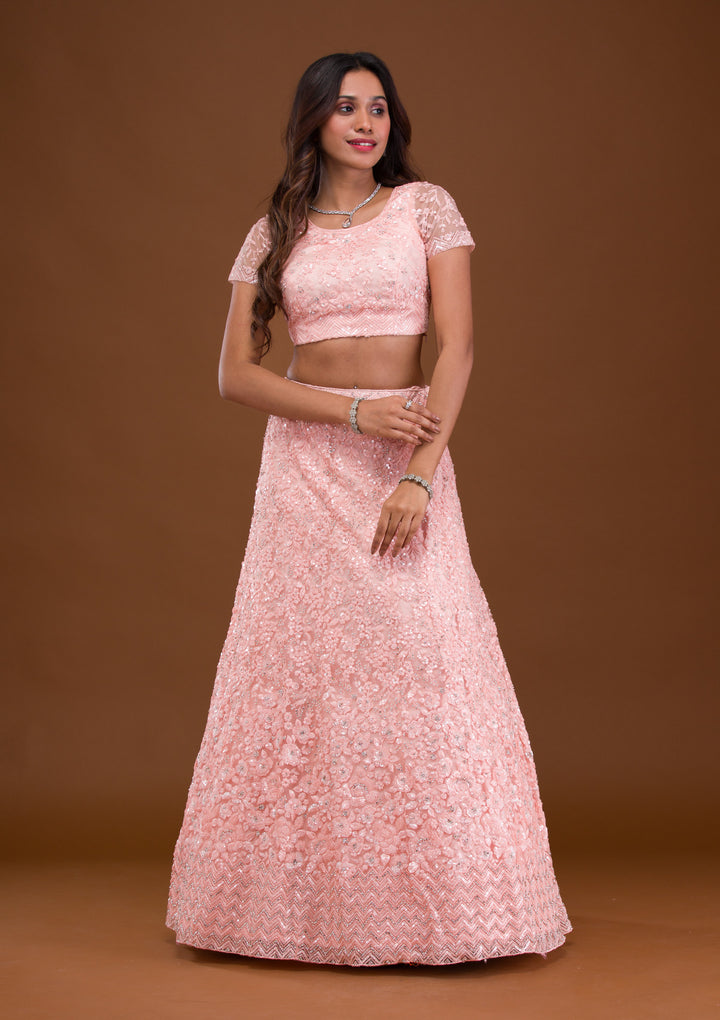Baby Pink Sequins Net Semi Stitched Lehenga
