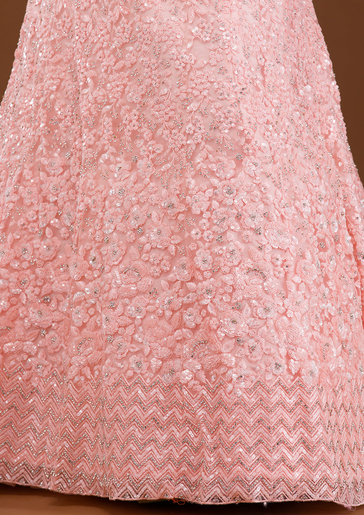 Baby Pink Sequins Net Semi Stitched Lehenga