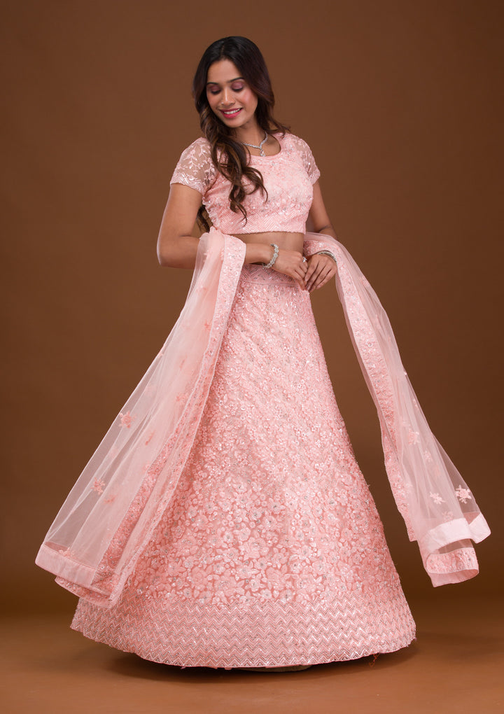 Baby Pink Sequins Net Semi Stitched Lehenga