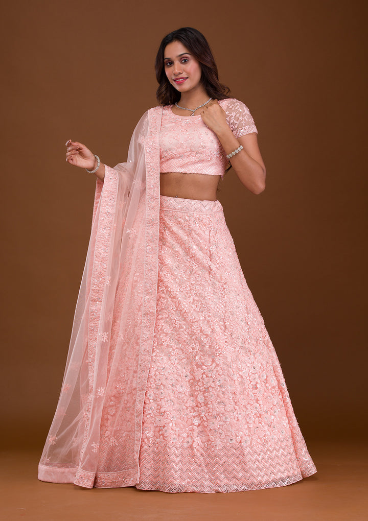 Baby Pink Sequins Net Semi Stitched Lehenga