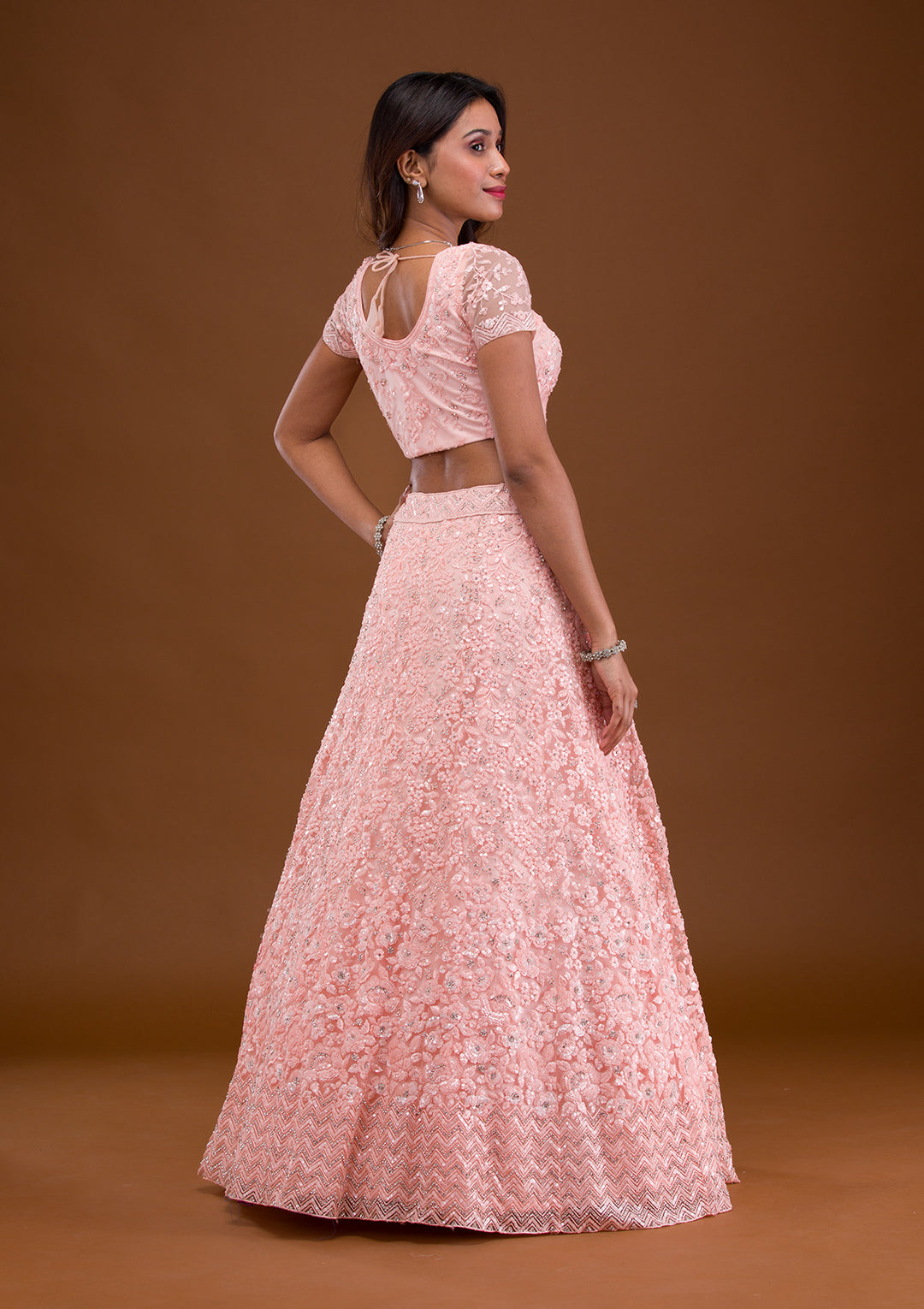Baby Pink Sequins Net Semi Stitched Lehenga
