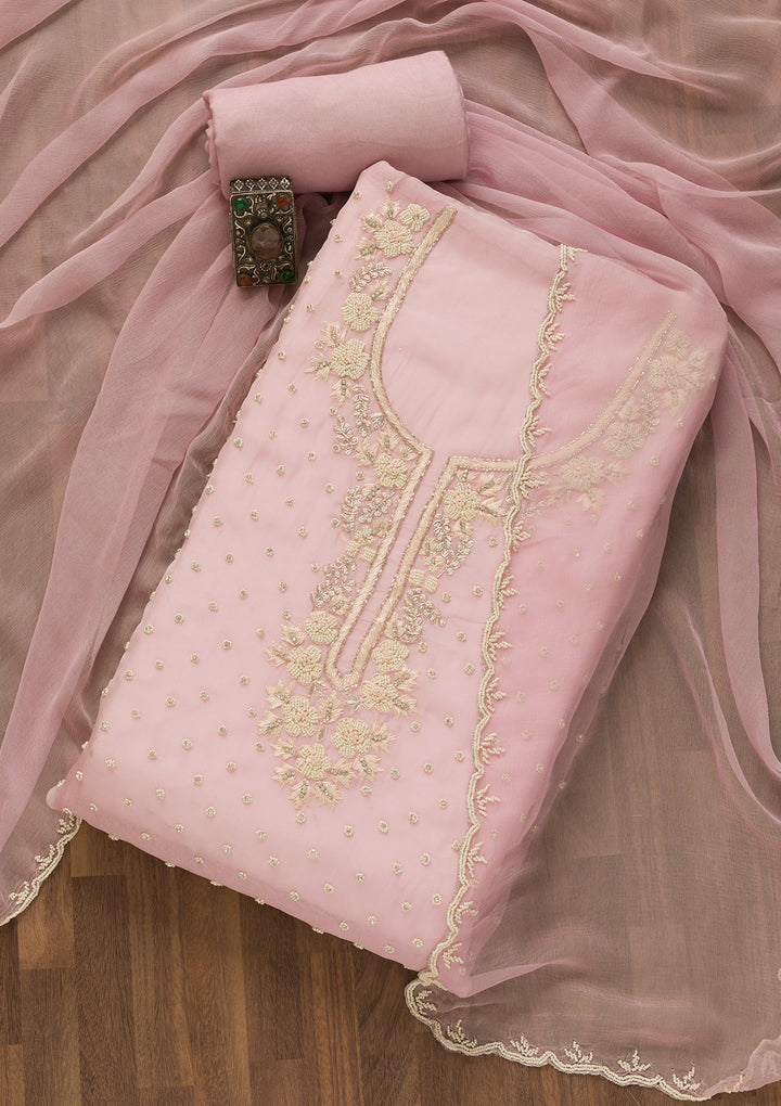 Baby Pink Sequins Organza Unstitched Salwar Suit-Koskii