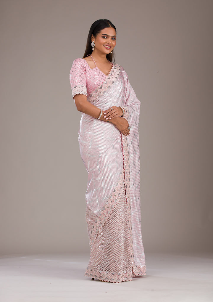 Baby Pink Sequins Semi Crepe Saree