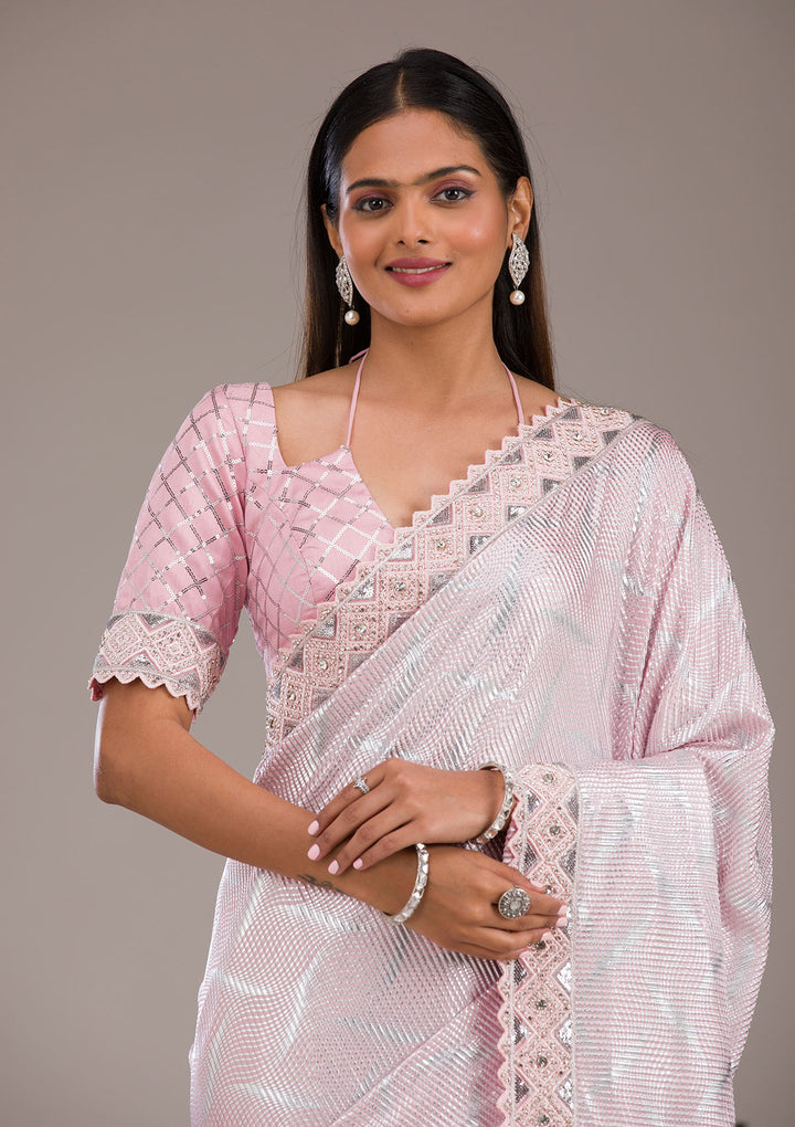Baby Pink Sequins Semi Crepe Saree