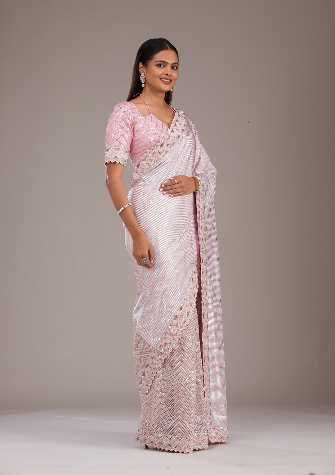 Baby Pink Sequins Semi Crepe Saree