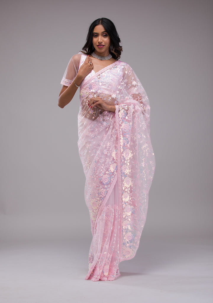 Baby Pink Sequins Tissue Saree