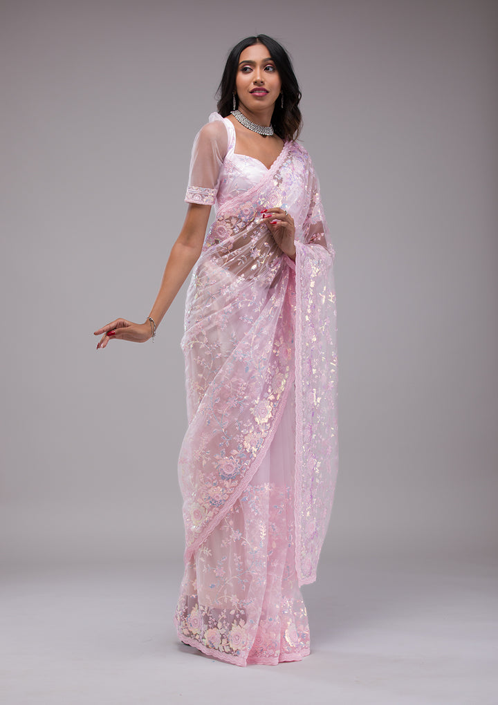 Baby Pink Sequins Tissue Saree