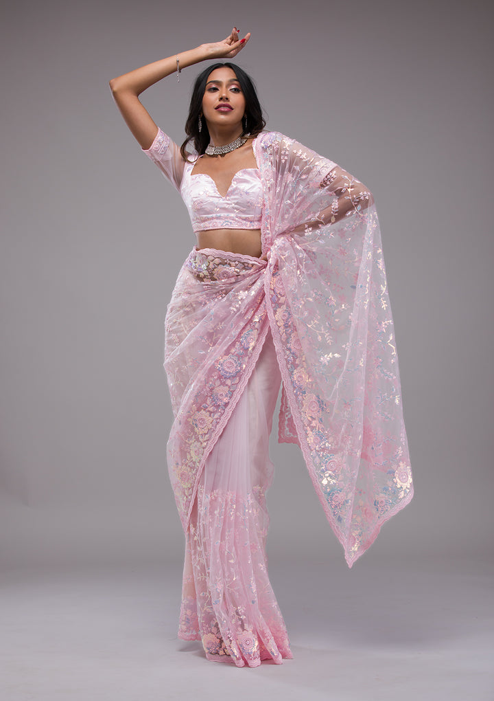 Baby Pink Sequins Tissue Saree