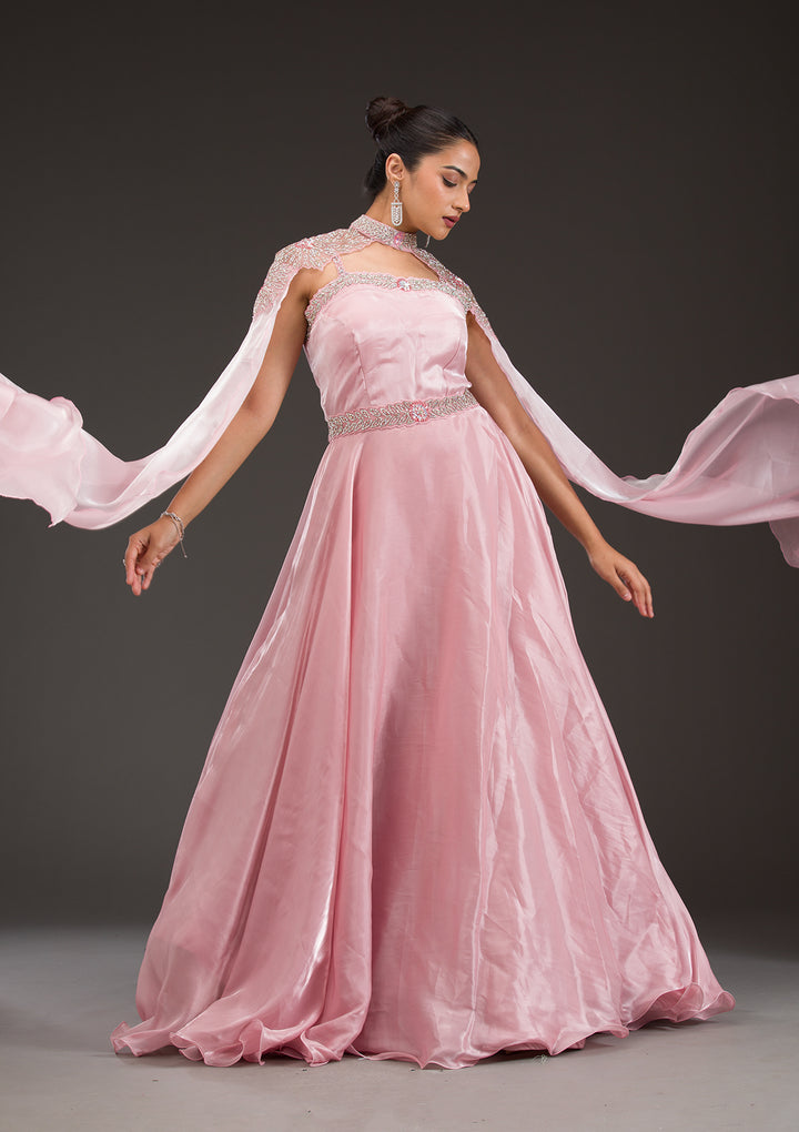 Baby Pink Silver Stonework Net Gown