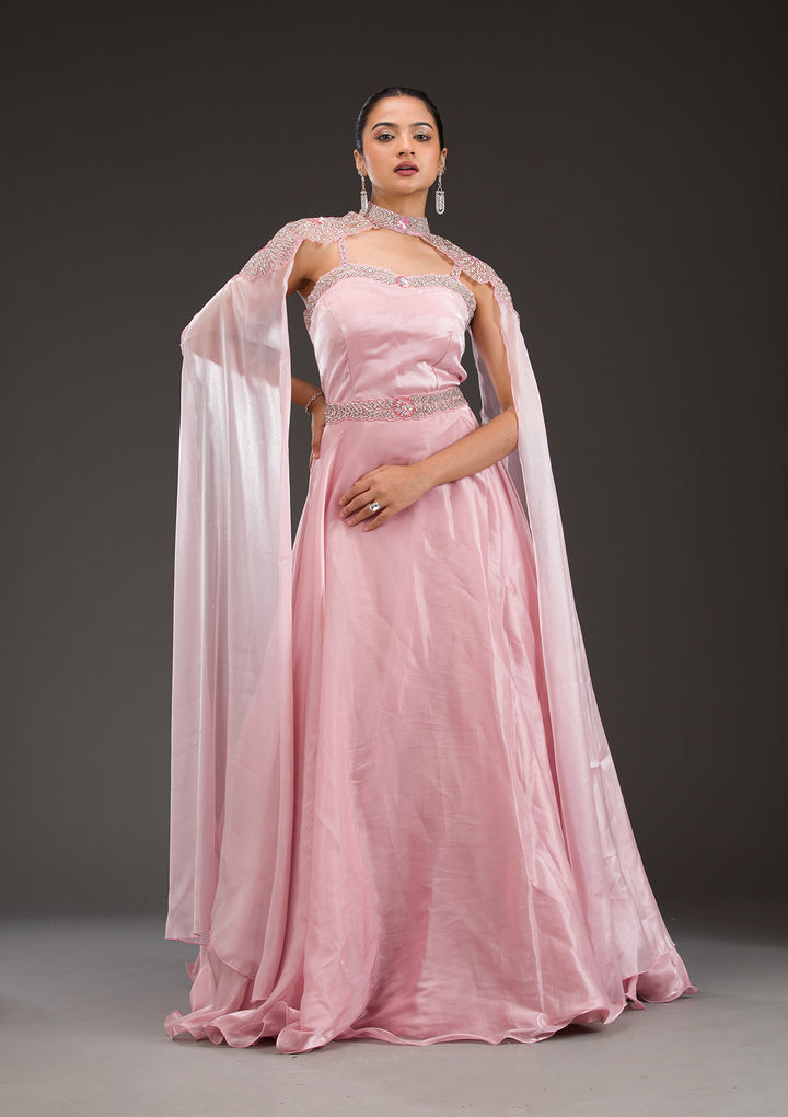 Baby Pink Silver Stonework Net Gown