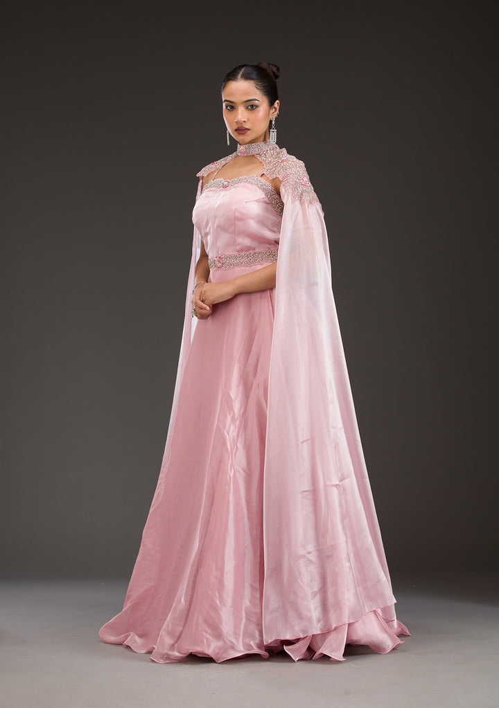 Baby Pink Silver Stonework Net Gown