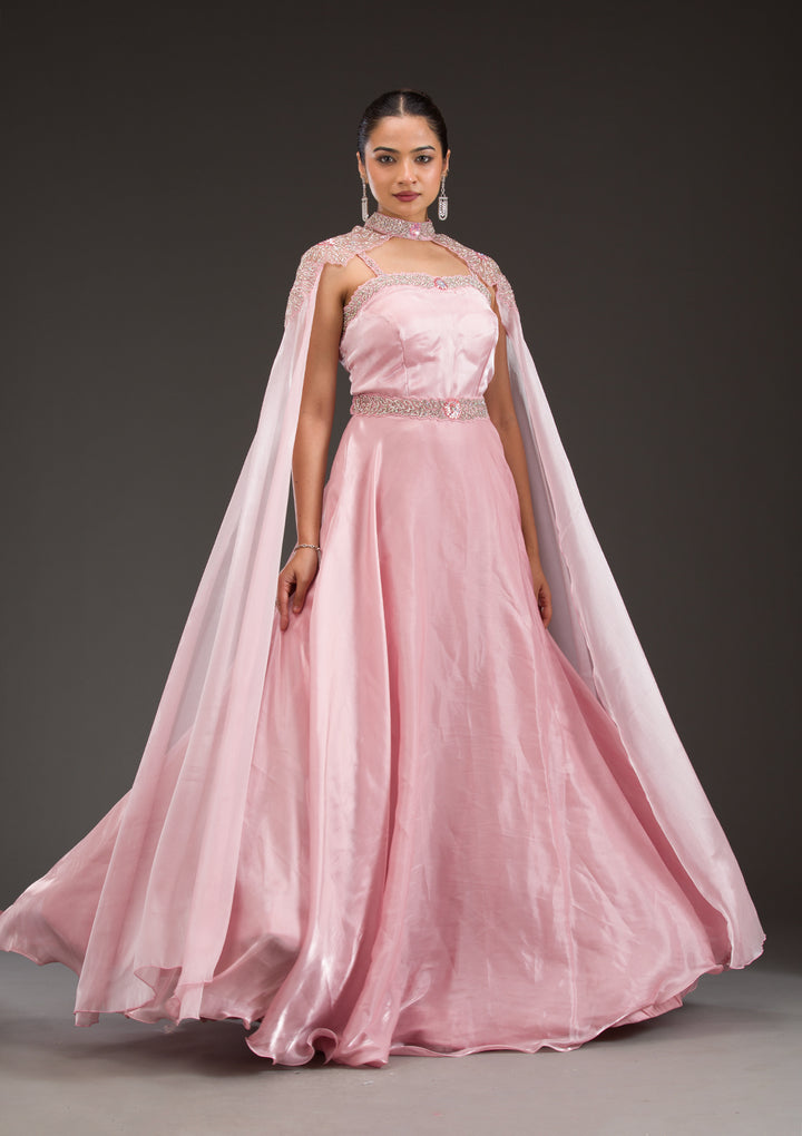 Baby Pink Silver Stonework Net Gown
