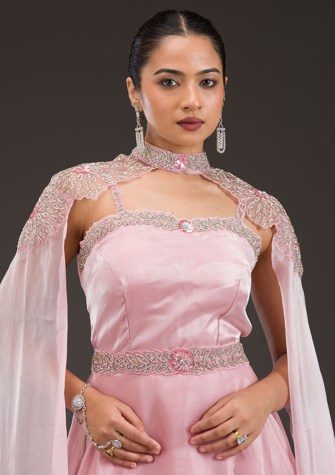 Baby Pink Silver Stonework Net Gown