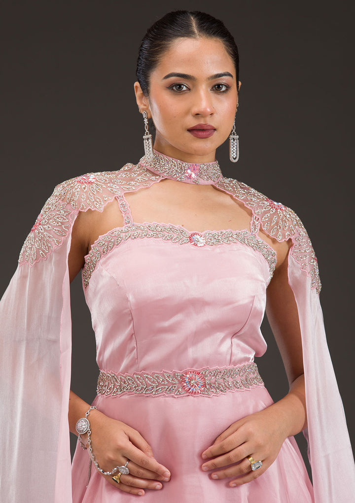 Baby Pink Silver Stonework Net Gown