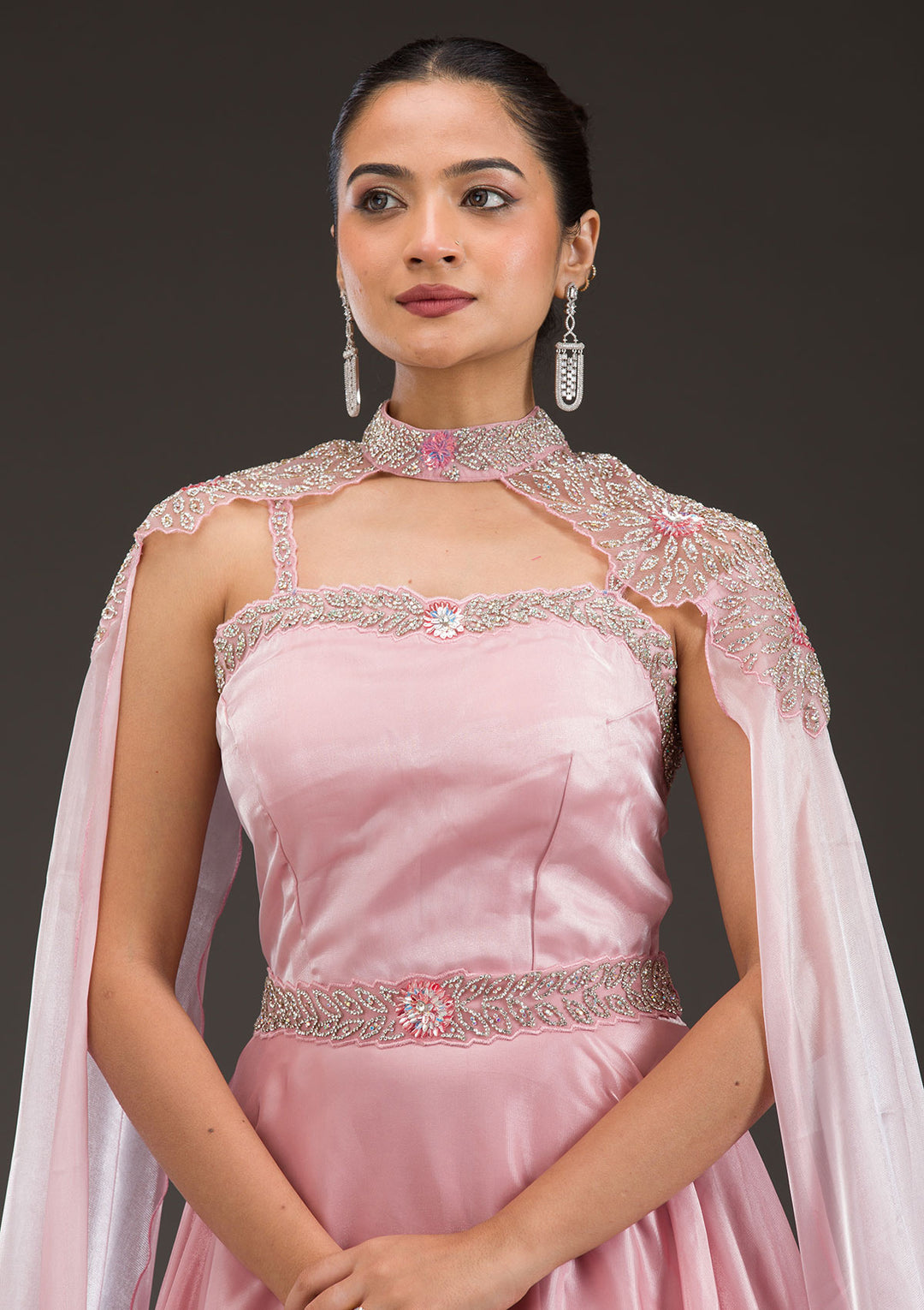 Baby Pink Silver Stonework Net Gown