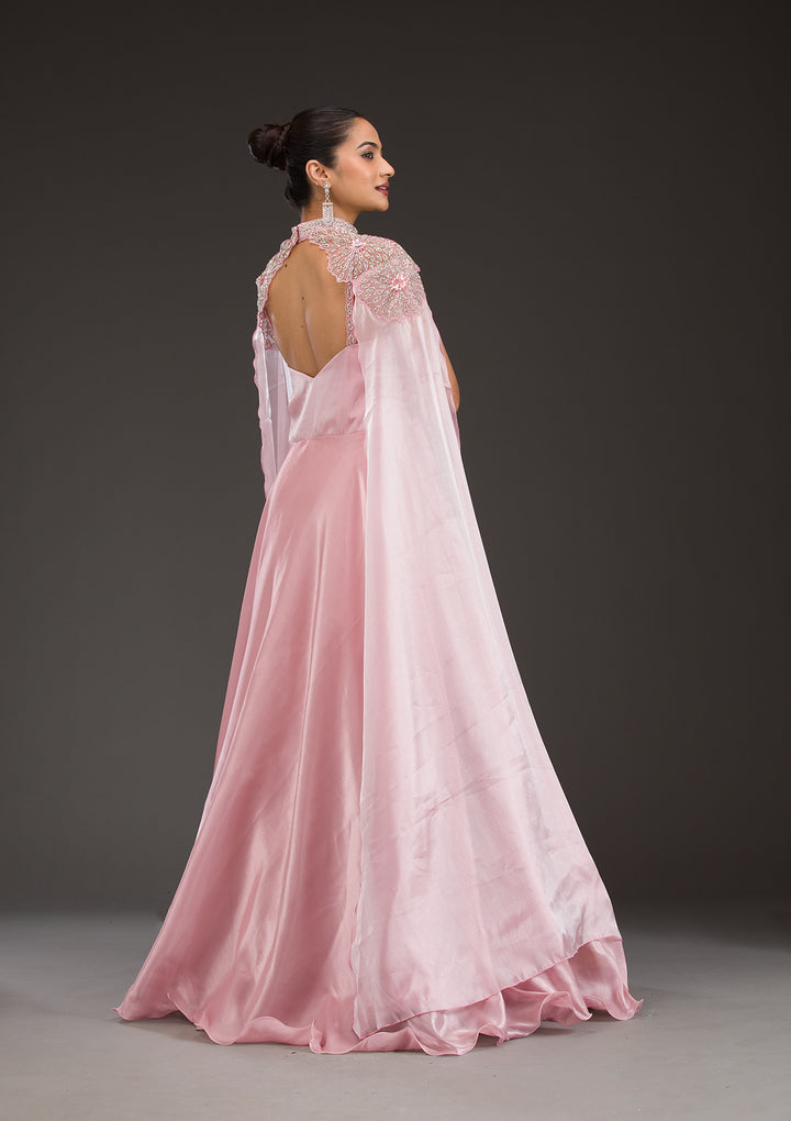 Baby Pink Silver Stonework Net Gown